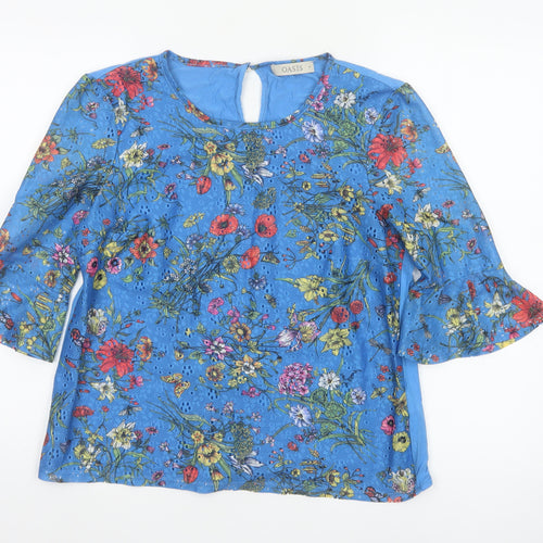 Oasis Women Blue Floral 3/4 Sleeve Tunic Blouse Size 12