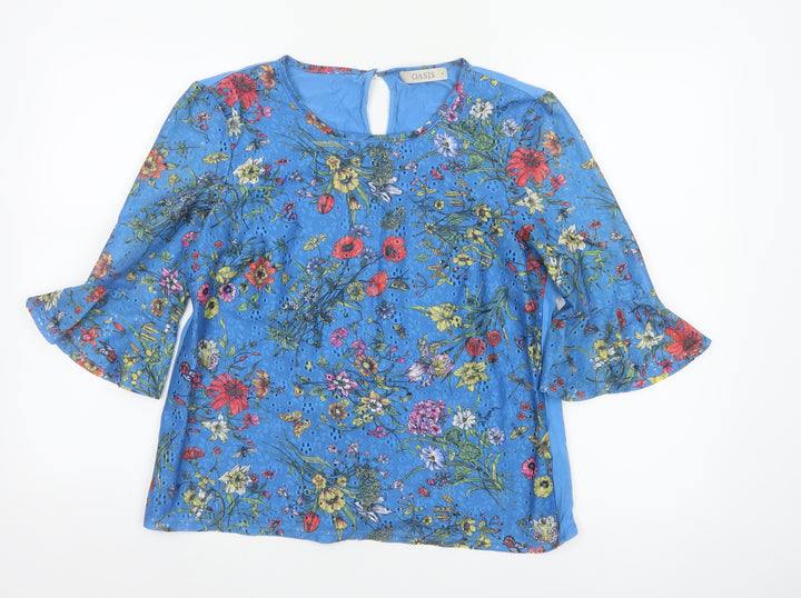 Oasis Women Blue Floral 3/4 Sleeve Tunic Blouse Size 12