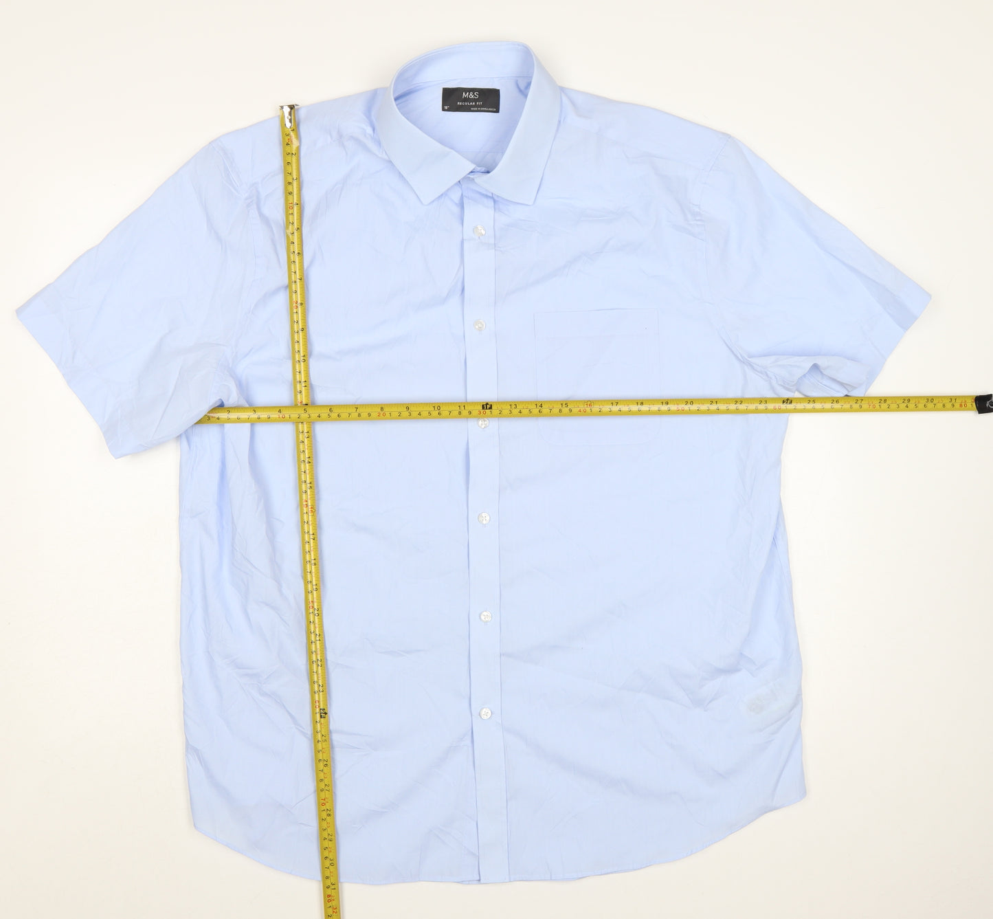 Marks and Spencer Men's Blue Regular Fit 18in Short Sleeve Dress Shirt