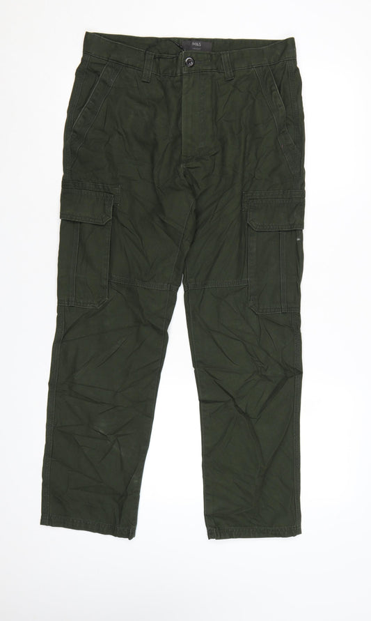 Marks and Spencer Men’s Green Cargo Trousers 32W 29L Regular Fit Cotton