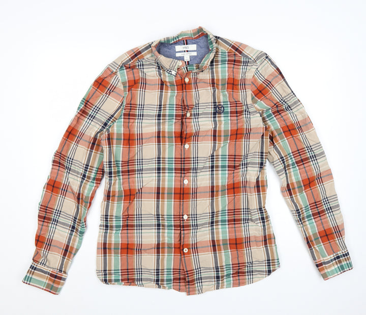 Marks and Spencer Men's Multicoloured Checked Pure Cotton Band Collar Shirt Size S
