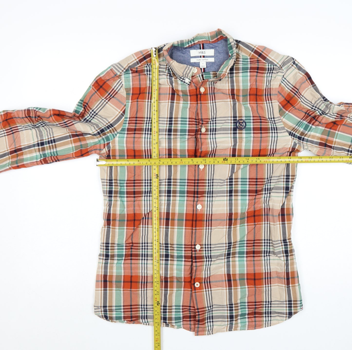 Marks and Spencer Men's Multicoloured Checked Pure Cotton Band Collar Shirt Size S