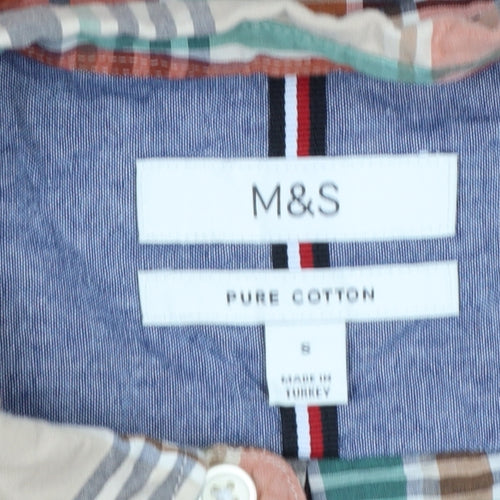 Marks and Spencer Men's Multicoloured Checked Pure Cotton Band Collar Shirt Size S