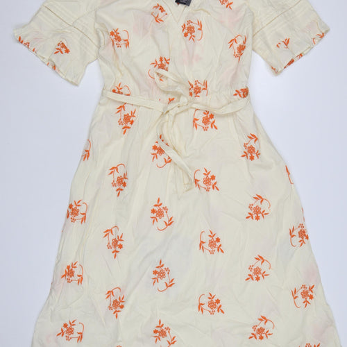 Marks and Spencer Women Cream Floral Embroidered Cotton Midi Wrap Dress Size 14