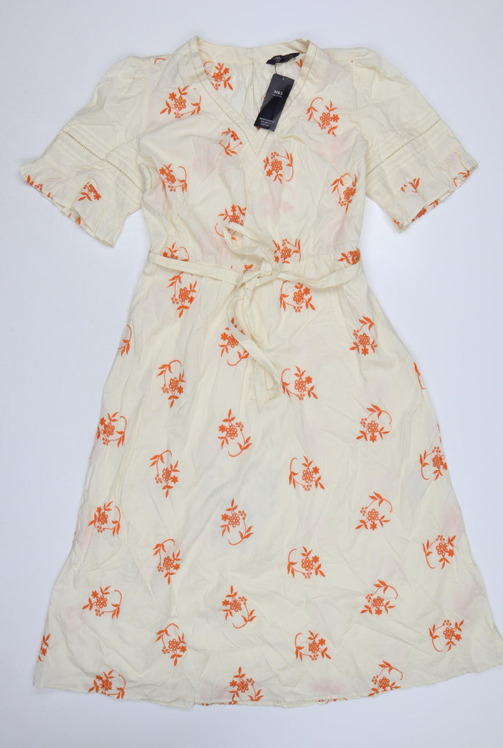 Marks and Spencer Women Cream Floral Embroidered Cotton Midi Wrap Dress Size 14