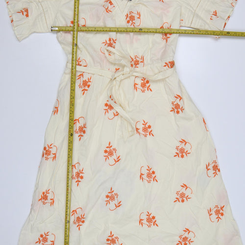 Marks and Spencer Women Cream Floral Embroidered Cotton Midi Wrap Dress Size 14