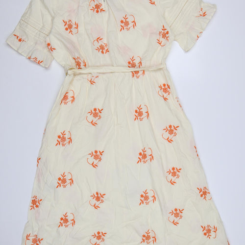Marks and Spencer Women Cream Floral Embroidered Cotton Midi Wrap Dress Size 14