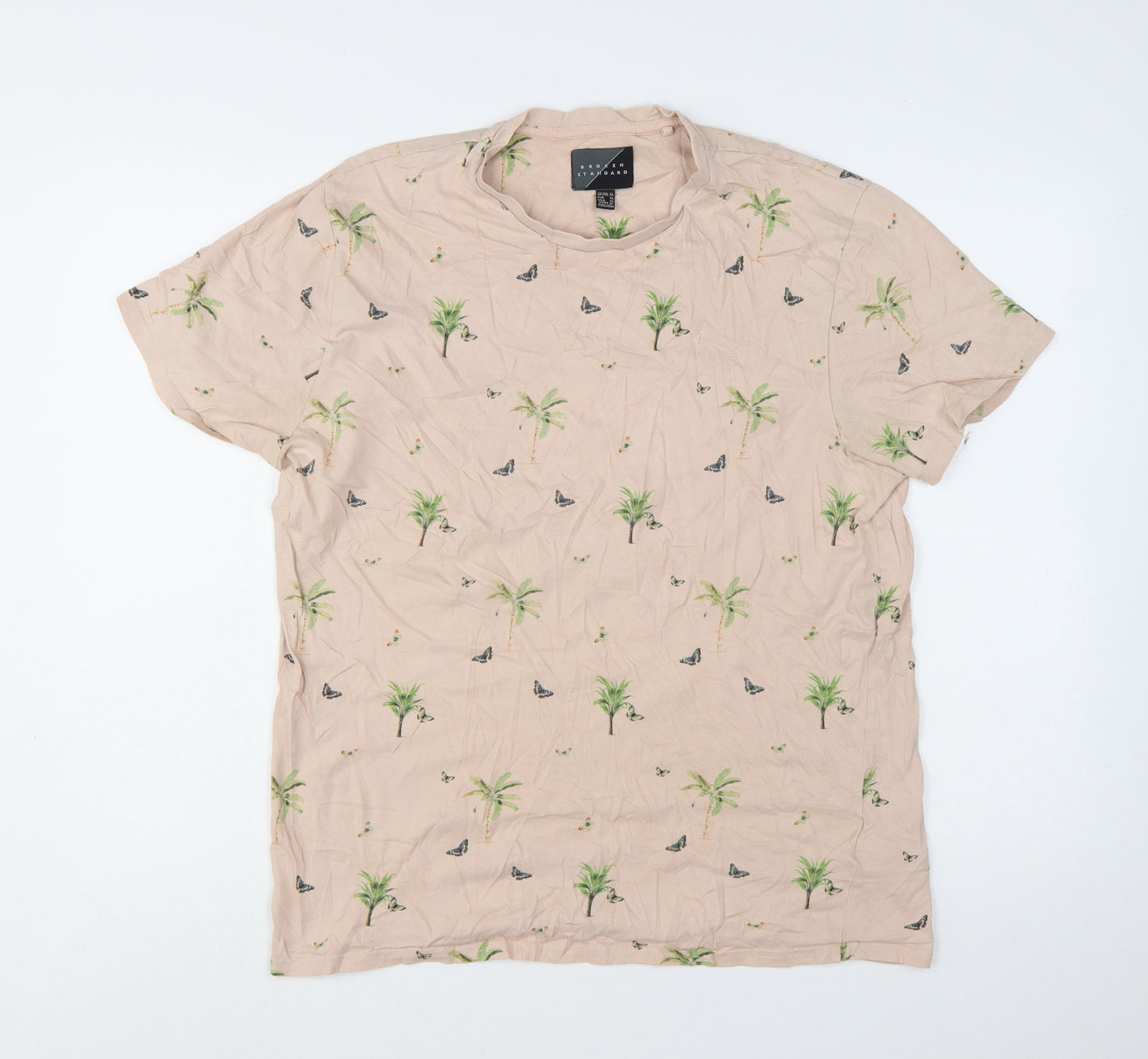 Broken Standard Men Beige Palm Tree Graphic Print T-Shirt XL