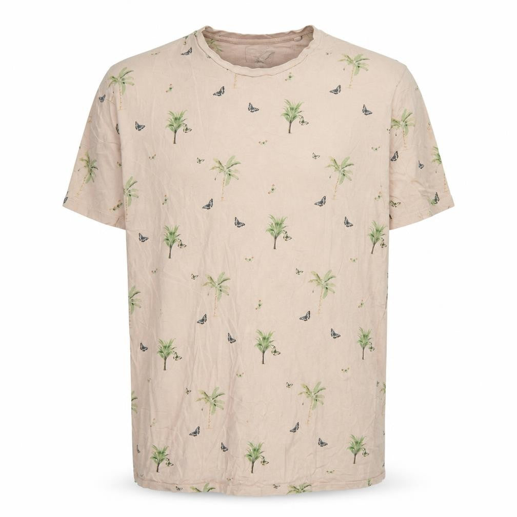 Front view of Broken Standard Men Beige Palm Tree Graphic Print T-Shirt XL