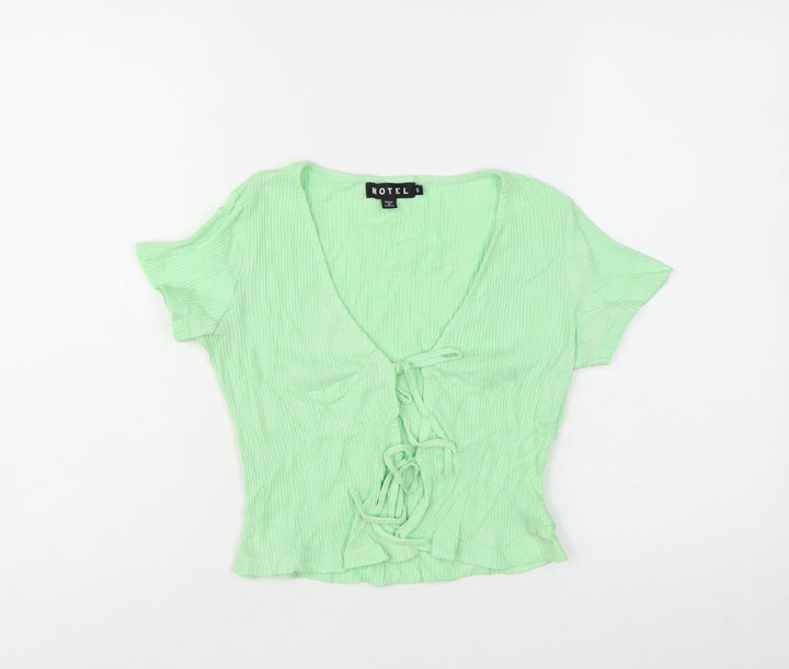 Motel Women's Green Cropped Tie Front V-Neck Top Size S