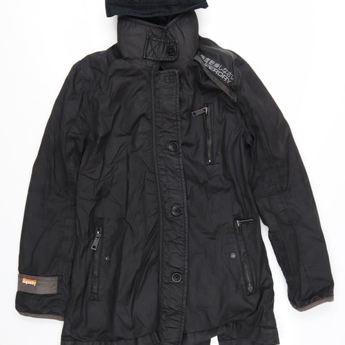 Superdry Women Black Long Trench Coat L Hooded Zip Jacket
