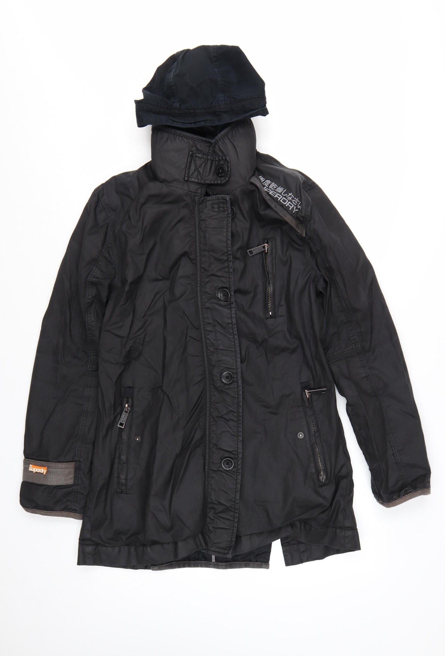 Superdry Women Black Long Trench Coat L Hooded Zip Jacket