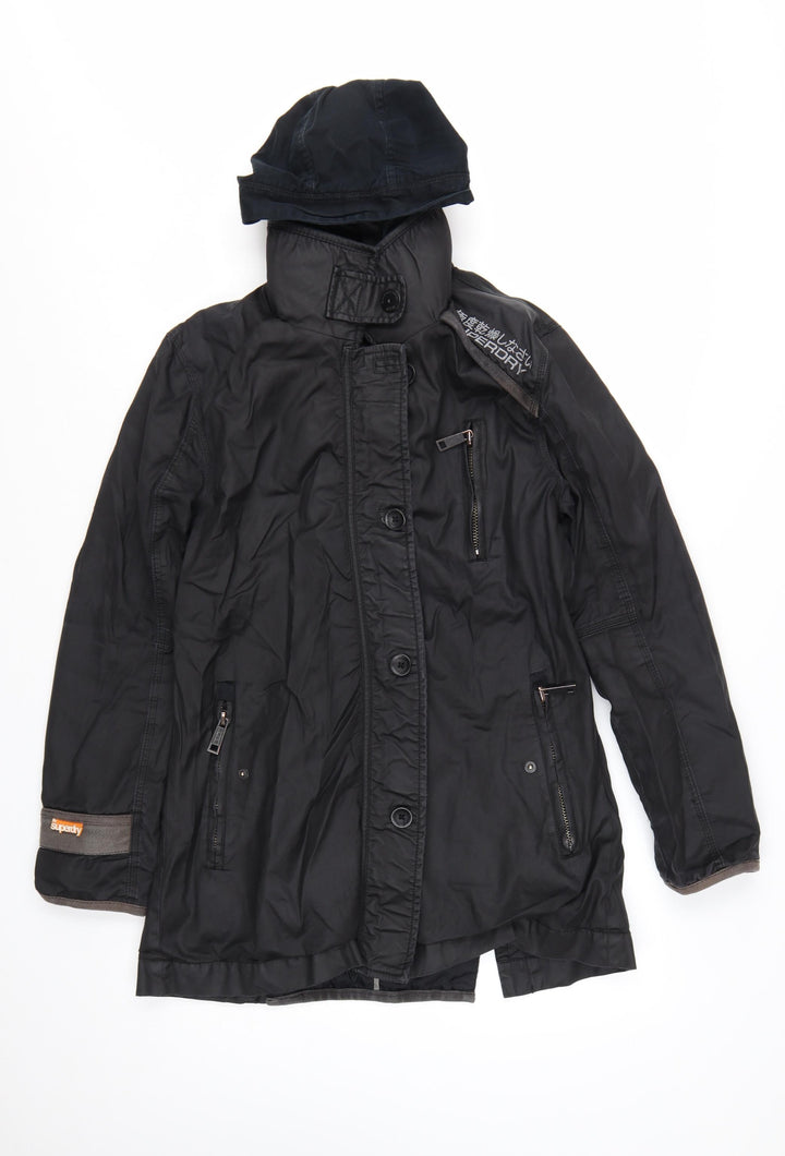 Superdry Women Black Long Trench Coat L Hooded Zip Jacket