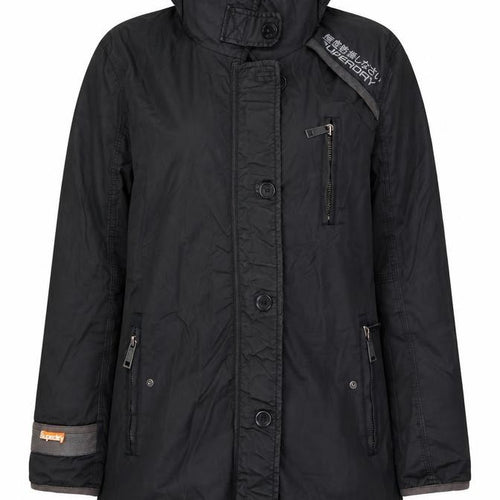 Superdry Women Black Long Trench Coat L Hooded Zip Jacket