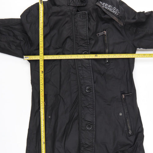 Superdry Women Black Long Trench Coat L Hooded Zip Jacket