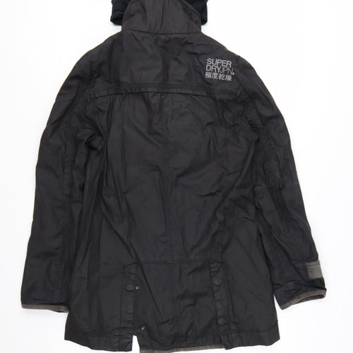 Superdry Women Black Long Trench Coat L Hooded Zip Jacket