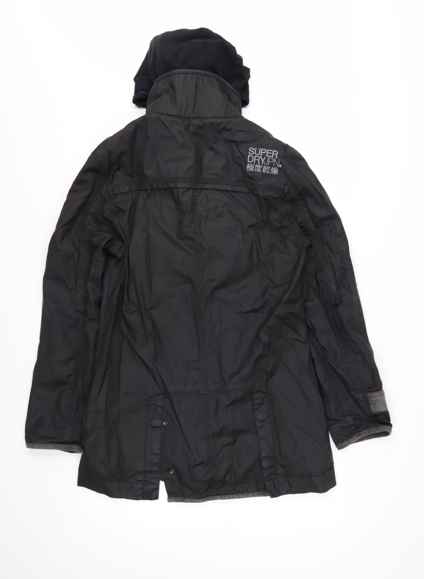 Superdry Women Black Long Trench Coat L Hooded Zip Jacket