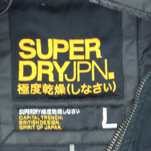 Superdry Women Black Long Trench Coat L Hooded Zip Jacket