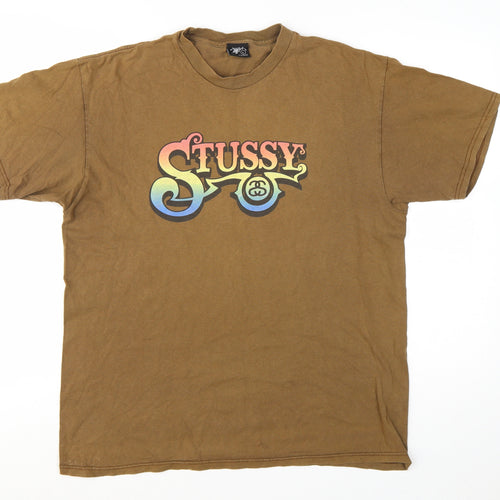 Stussy Men's Brown Graphic Logo T-Shirt Large Cotton Short Sleeve