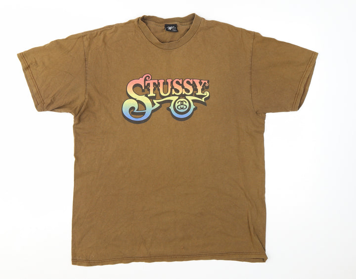 Stussy Men's Brown Graphic Logo T-Shirt Large Cotton Short Sleeve