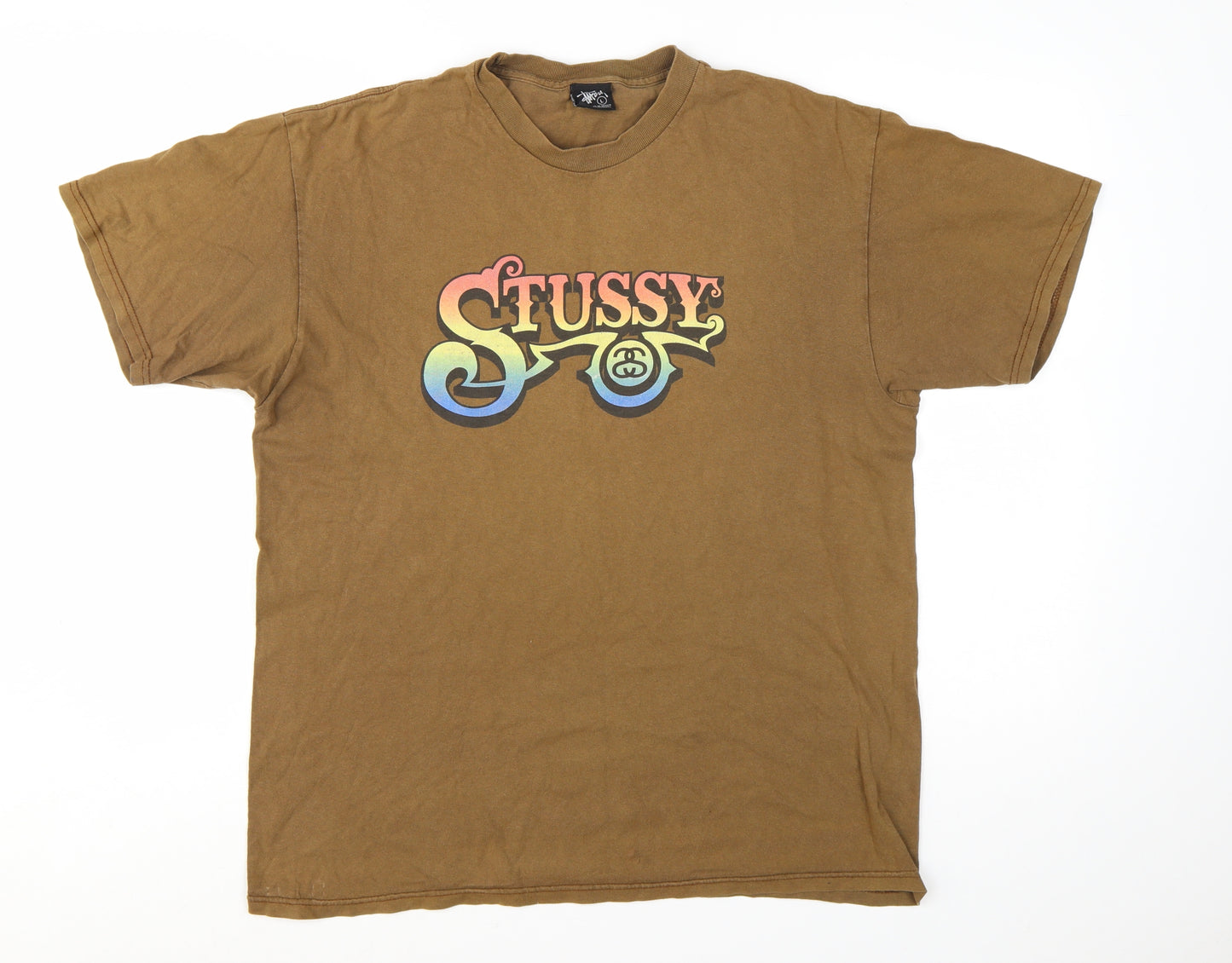 Stussy Men's Brown Graphic Logo T-Shirt Large Cotton Short Sleeve