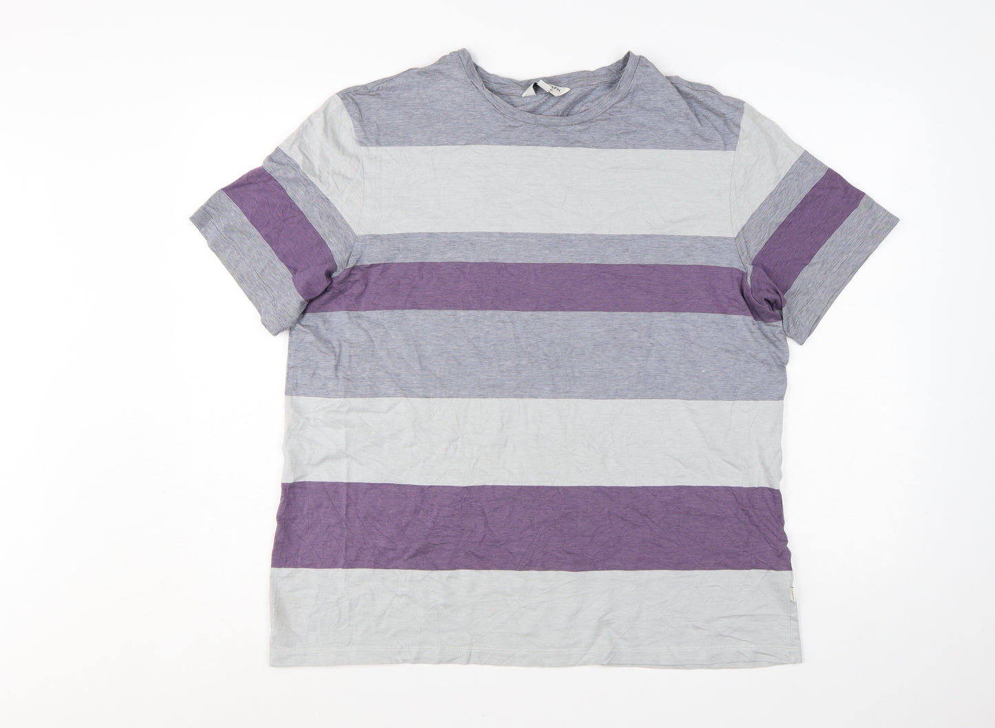 Marks and Spencer Autograph Men's Grey & Purple Striped Cotton T-Shirt XL