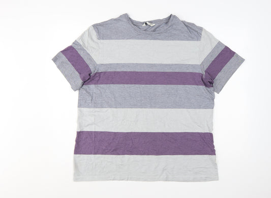 Marks and Spencer Autograph Men's Grey & Purple Striped Cotton T-Shirt XL
