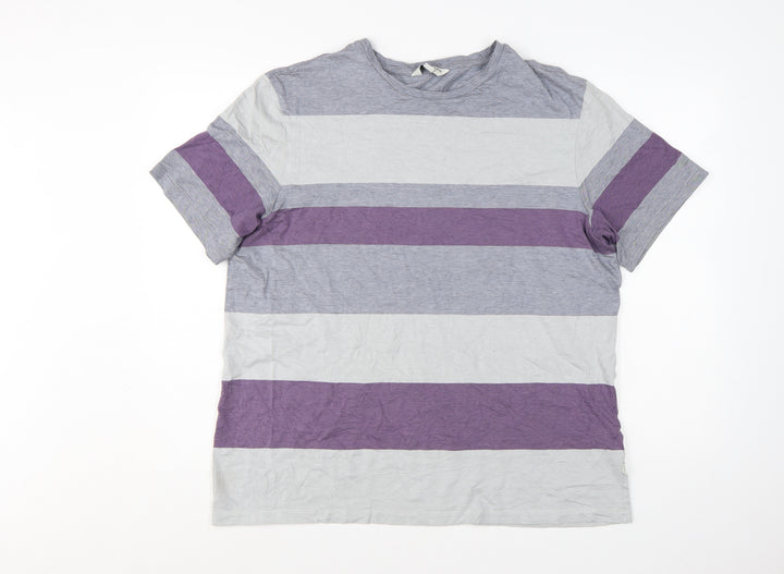 Marks and Spencer Autograph Men's Grey & Purple Striped Cotton T-Shirt XL