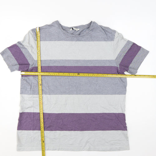 Marks and Spencer Autograph Men's Grey & Purple Striped Cotton T-Shirt XL