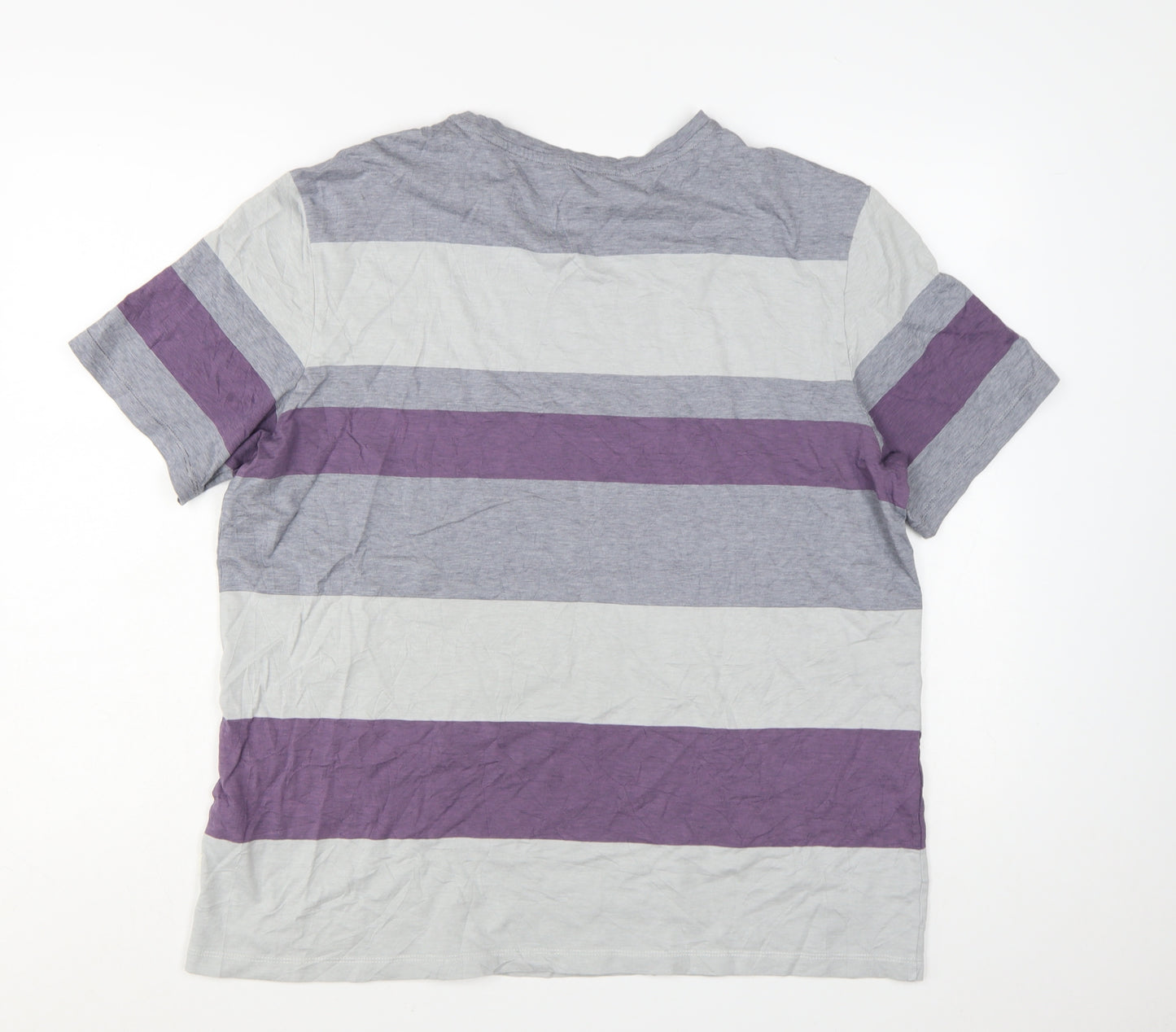Marks and Spencer Autograph Men's Grey & Purple Striped Cotton T-Shirt XL