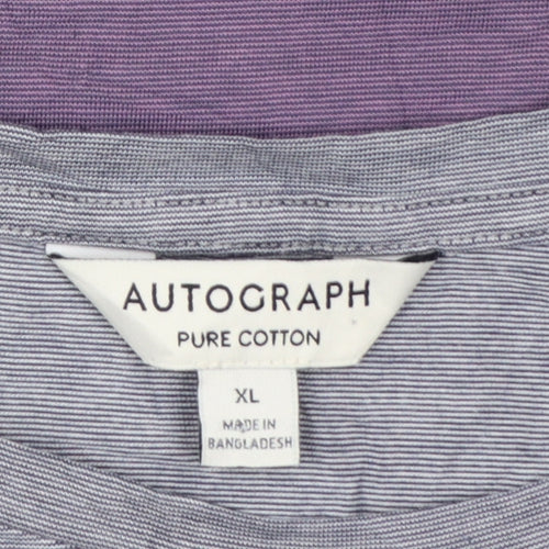 Marks and Spencer Autograph Men's Grey & Purple Striped Cotton T-Shirt XL