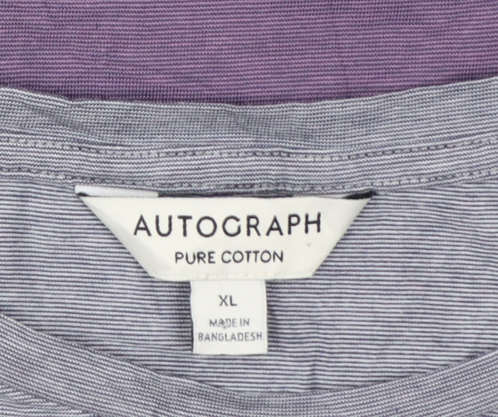 Marks and Spencer Autograph Men's Grey & Purple Striped Cotton T-Shirt XL
