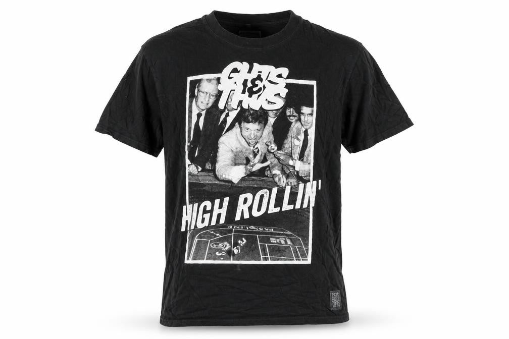 Front view of Cheats & Thieves Men's Black Graphic Print High Rollin' T-Shirt Medium