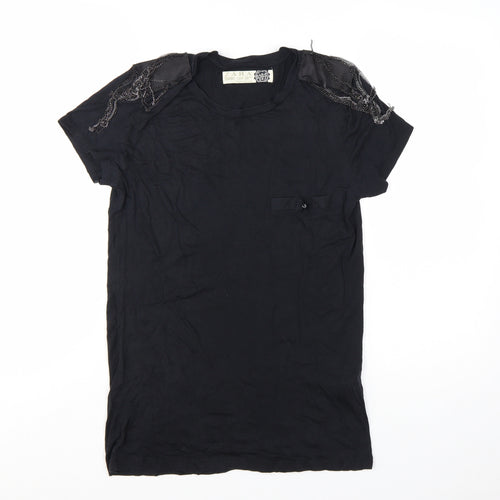 Zara Women Black Basic Beaded Shoulder Short Sleeve T-Shirt M