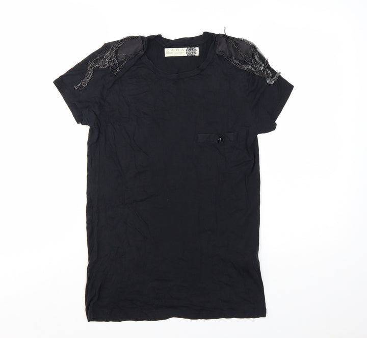 Zara Women Black Basic Beaded Shoulder Short Sleeve T-Shirt M