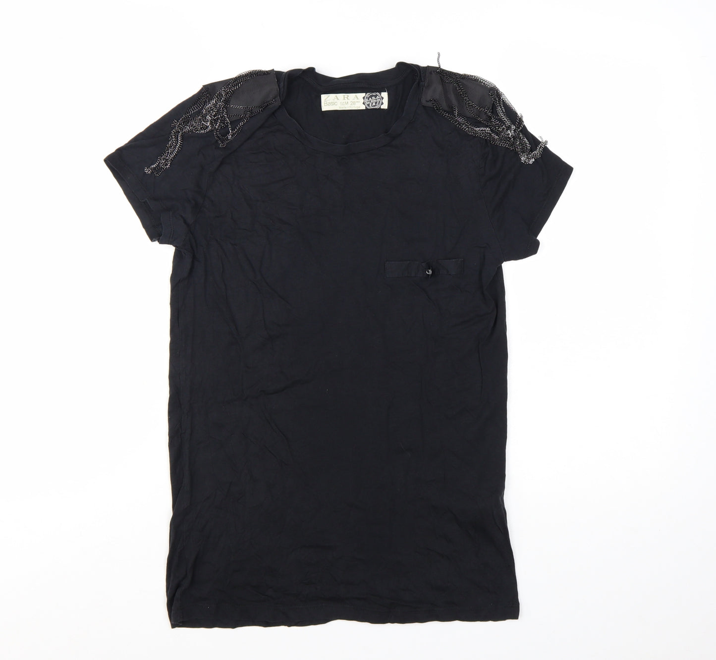 Zara Women Black Basic Beaded Shoulder Short Sleeve T-Shirt M