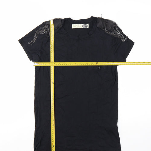 Zara Women Black Basic Beaded Shoulder Short Sleeve T-Shirt M