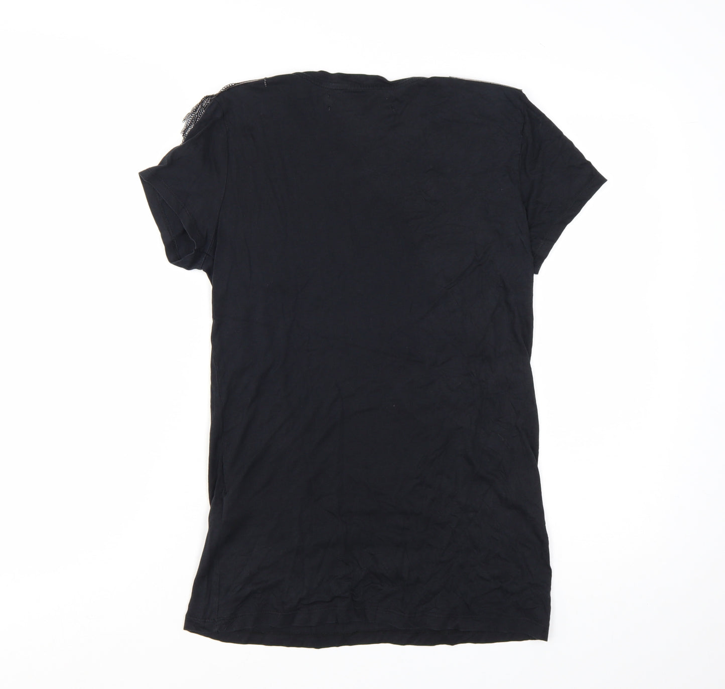 Zara Women Black Basic Beaded Shoulder Short Sleeve T-Shirt M