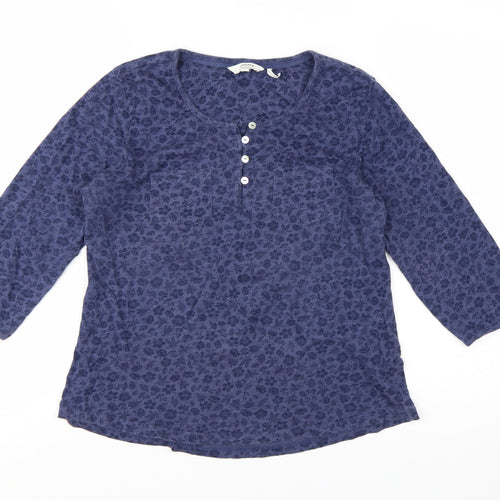 FatFace Womens Blue Floral 3/4 Sleeve Cotton Button-Up Top Size 12