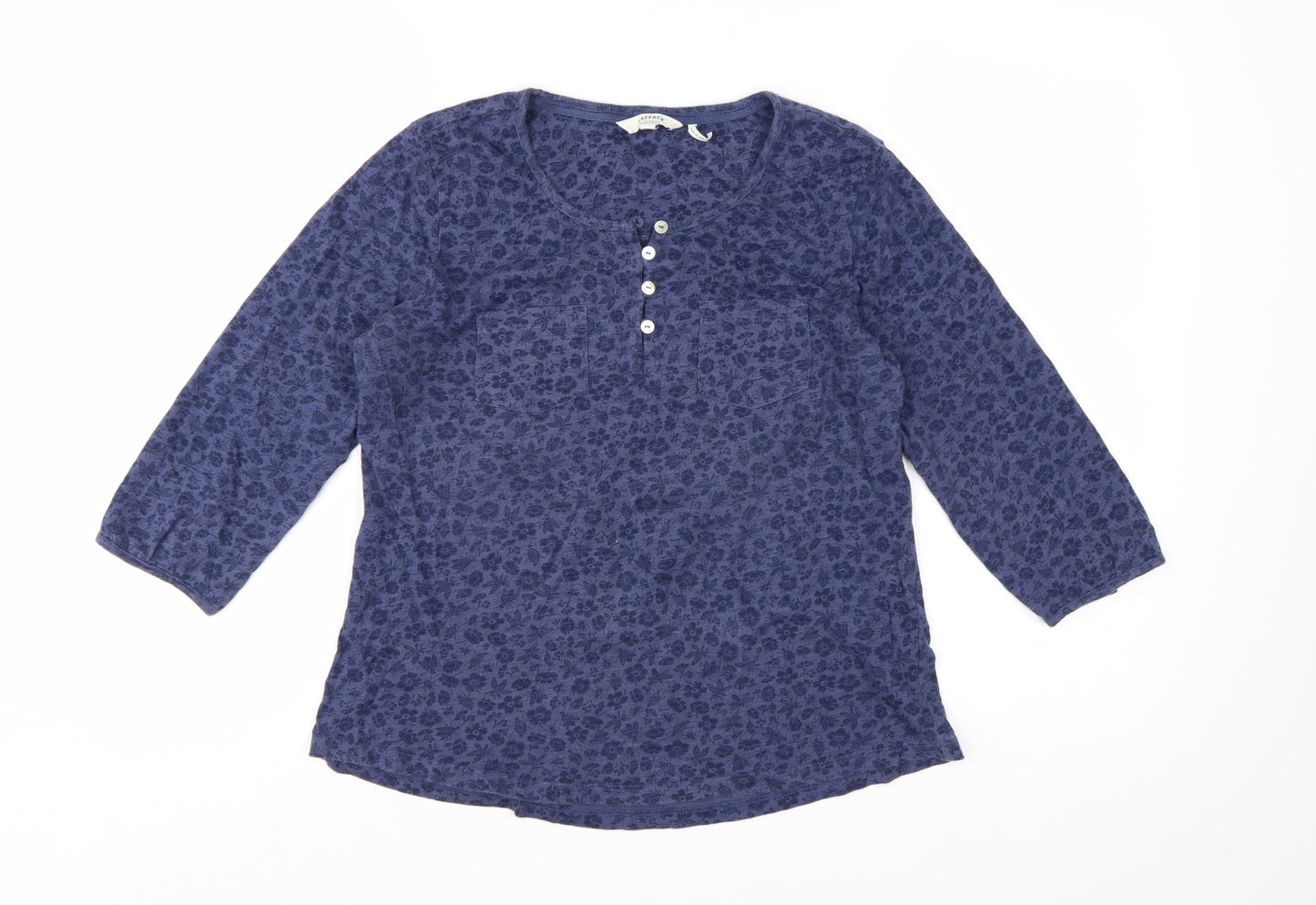 FatFace Womens Blue Floral 3/4 Sleeve Cotton Button-Up Top Size 12