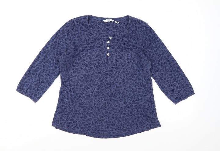 FatFace Womens Blue Floral 3/4 Sleeve Cotton Button-Up Top Size 12
