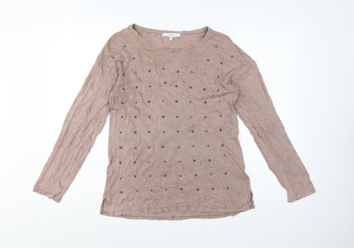 Next Women Beige Beaded Star Long Sleeve Jersey Top Size 8