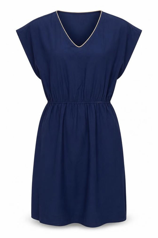 Front view of Oasis Women Blue V-Neck Shift Dress, size 8, Knee Length Lightweight