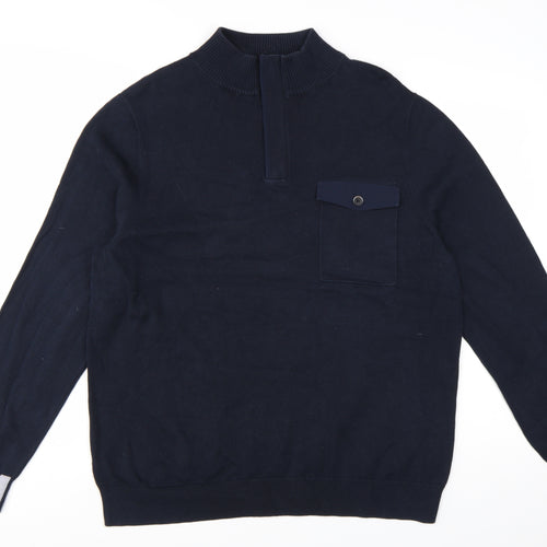 White Stuff Men's Blue 2XL Half Zip High Neck Cotton Jumper
