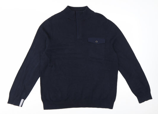 White Stuff Men's Blue 2XL Half Zip High Neck Cotton Jumper