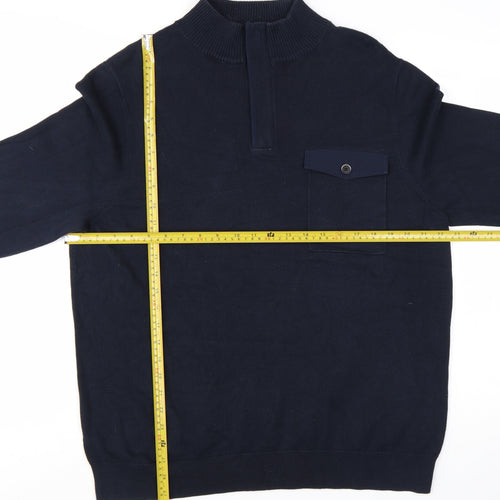 White Stuff Men's Blue 2XL Half Zip High Neck Cotton Jumper