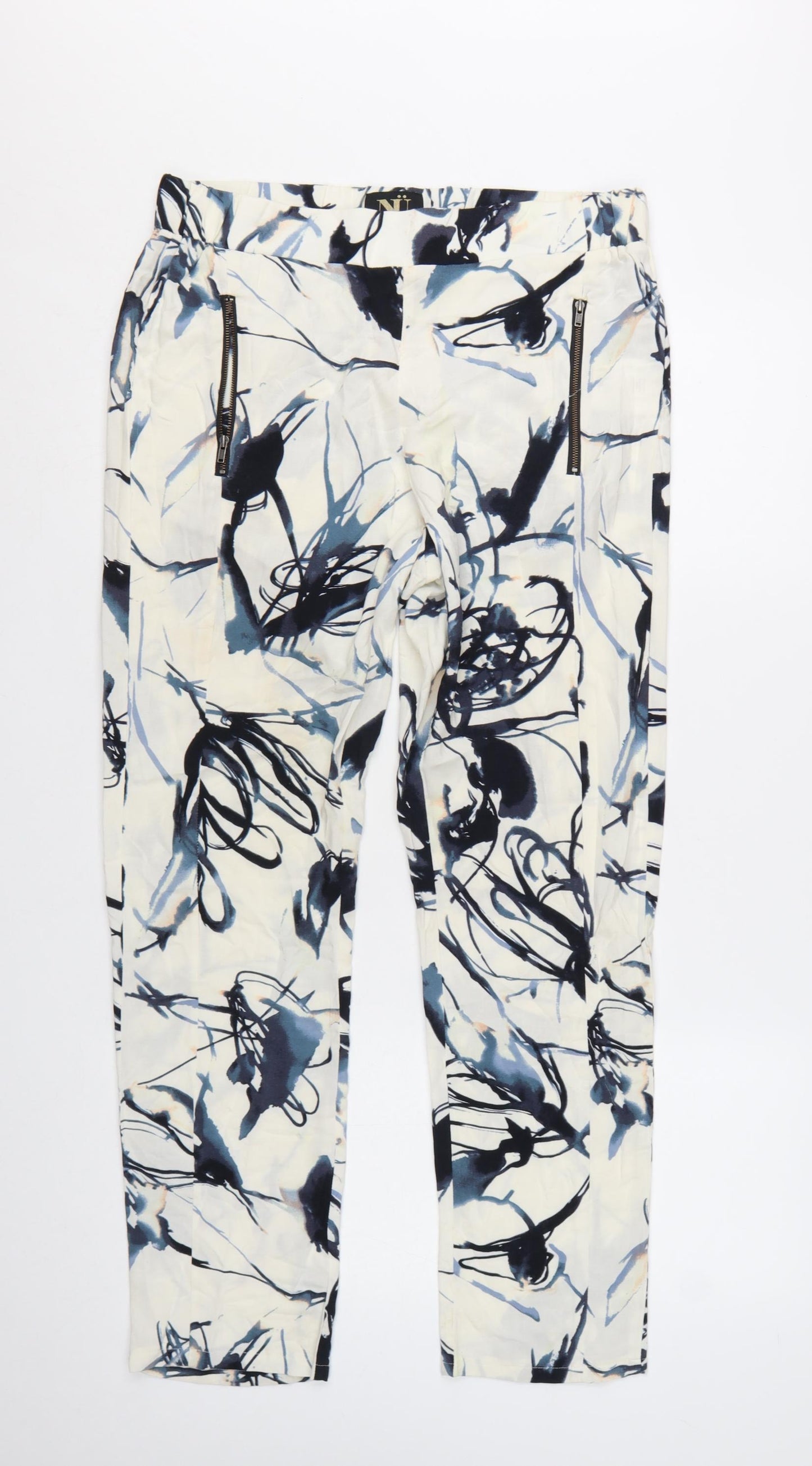 NU Denmark Womens White Blue Abstract Print Trousers Size 12