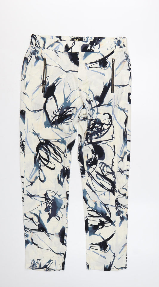 NU Denmark Womens White Blue Abstract Print Trousers Size 12