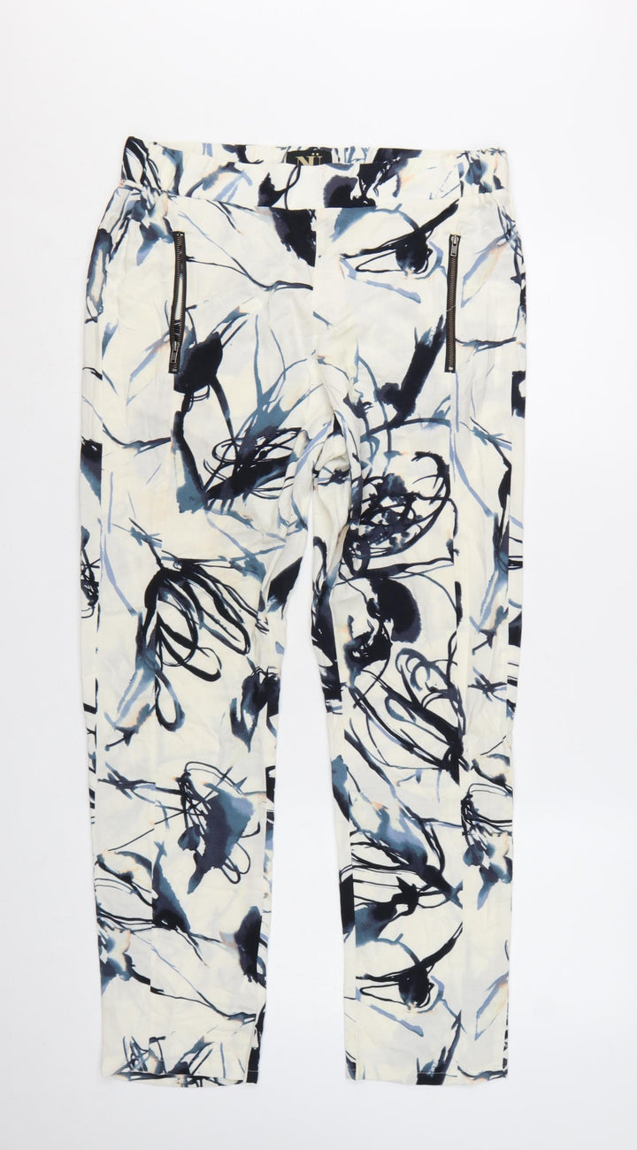 NU Denmark Womens White Blue Abstract Print Trousers Size 12