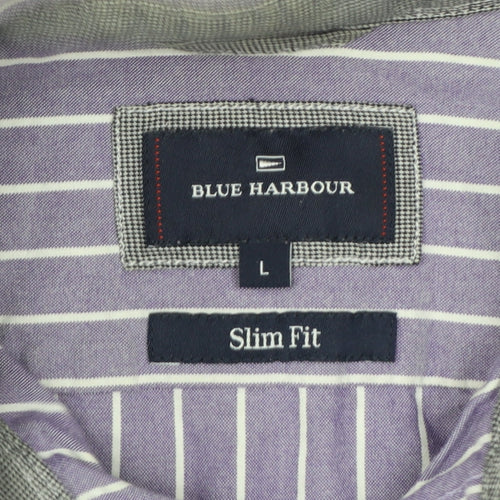 Marks and Spencer Blue Harbour Men's Purple Striped Slim Fit Long Sleeve Cotton Shirt Size L